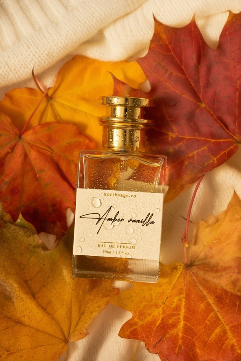 Northsage Amber Vanilla Eau de Parfum bottle with amber and vanilla scent notes, elegant glass design, and minimalist label.