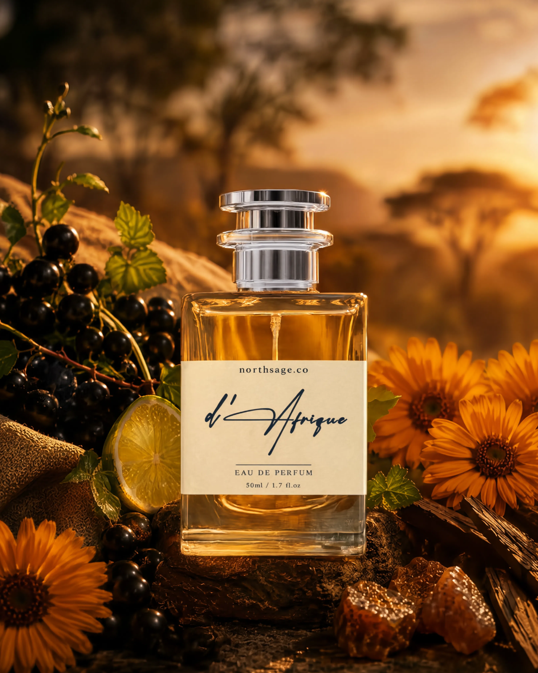 Northsage D’ Afrique Eau de Parfum bottle with elegant design, inspired by Bal d’Afrique, showcasing a romantic and unique scent.