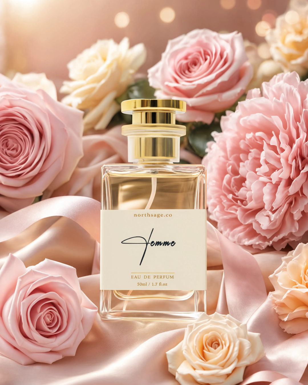 Northsage FEMME Eau de Parfum bottle with floral and elegant design, inspired by Femme by Hugo, showcasing the fragrance container.