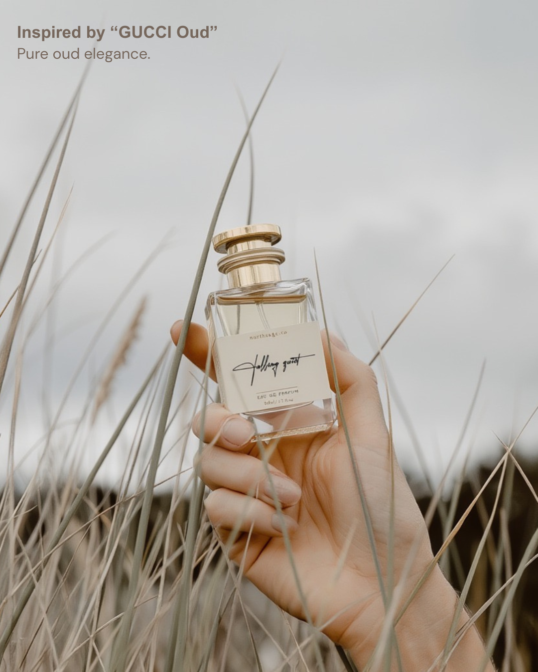 Northsage Falling Quiet Eau de Parfum inspired by Gucci Oud, featuring a luxurious bottle with elegant design and dark, rich tones.